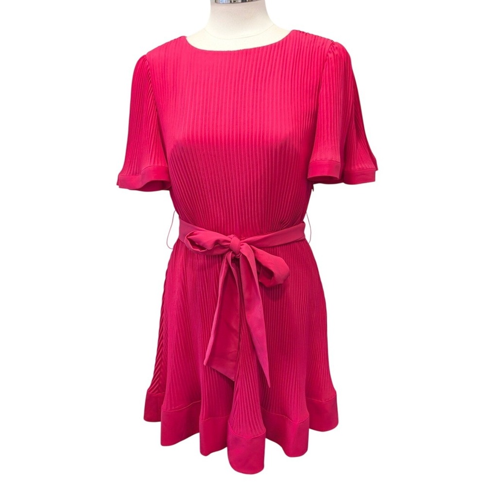 Milly Lumi Pleated Mini Dress Pink Short Sleeve Belted Ruffle Hem Size 2 NEW